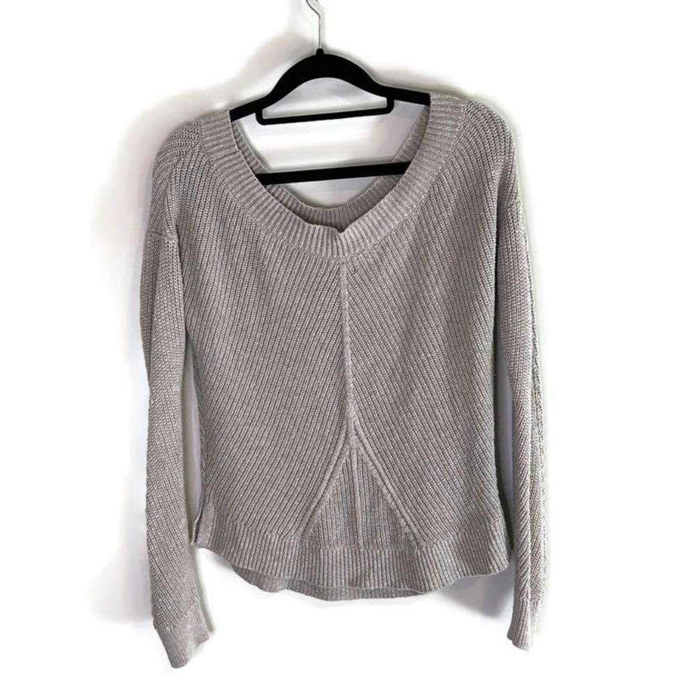 Aerie Womens Taupe Grey Ribbed V-Neck Chunky Knit Pullover Sweater Size S - Picture 2 of 3